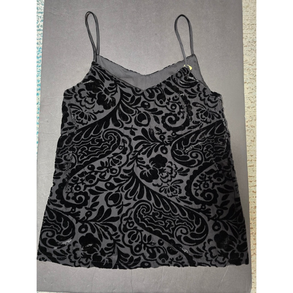 XS Velvet Cami Top Sleeveless Tank Gray Black Paisley Floral‎ Print (A)